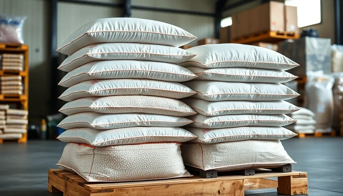 Palette de sacs de pellets empilés avec éclairage professionnel en environnement de stockage