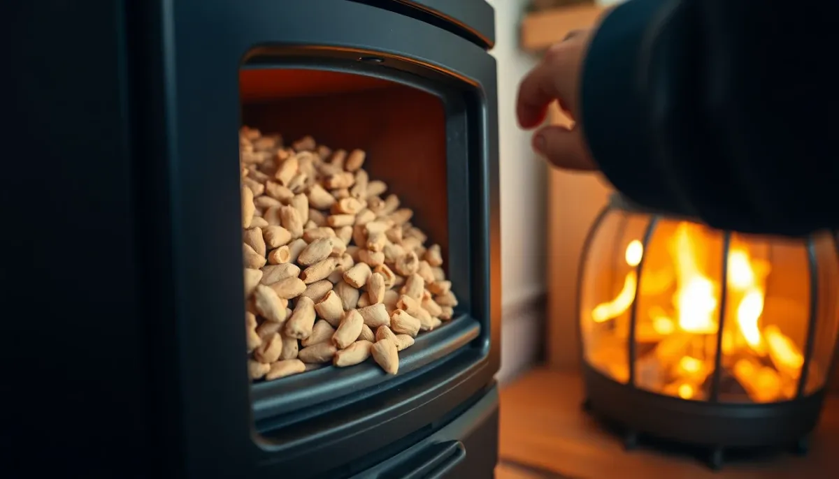 Vue du chargement de pellets dans un poêle de chauffage domestique avec ambiance chaleureuse