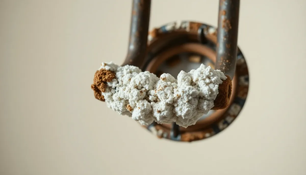 Résistance de chauffe-eau entartrée avec accumulation de calcaire blanc, détail de la corrosion minérale