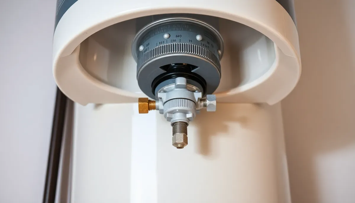 Valve de décharge et sortie de vidange d'un chauffe-eau, vue de dessus montrant les composants de sécurité