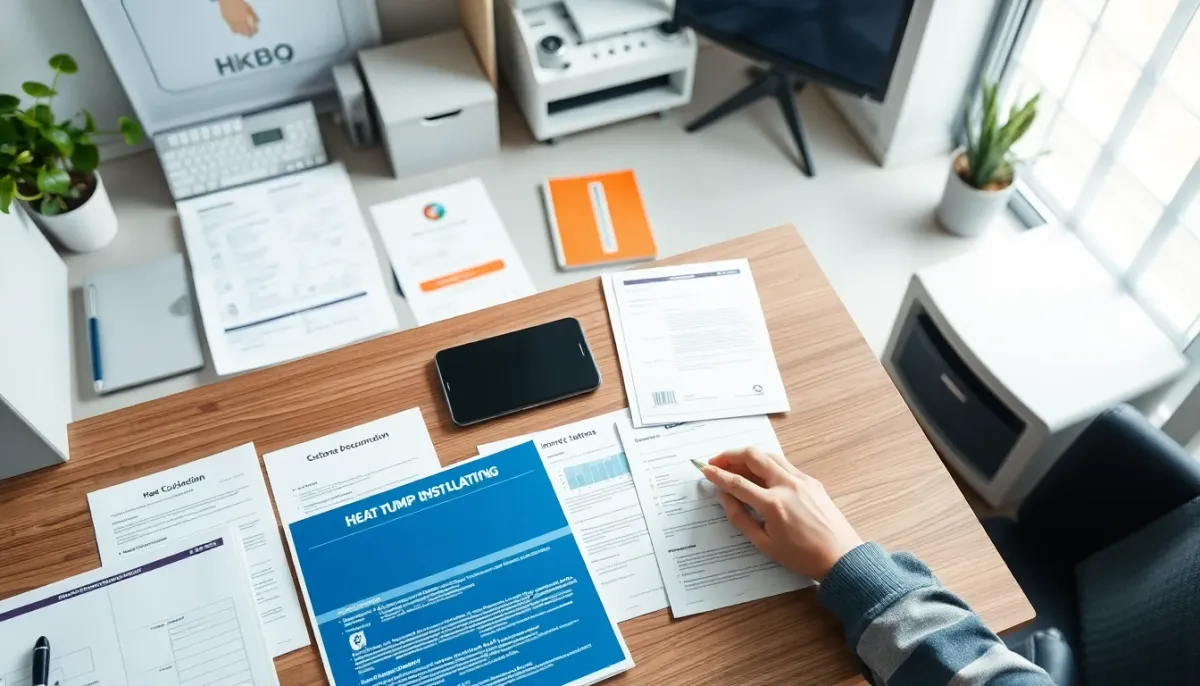 Documents de service client et matériel de support technique pour pompe à chaleur en vue de bureau