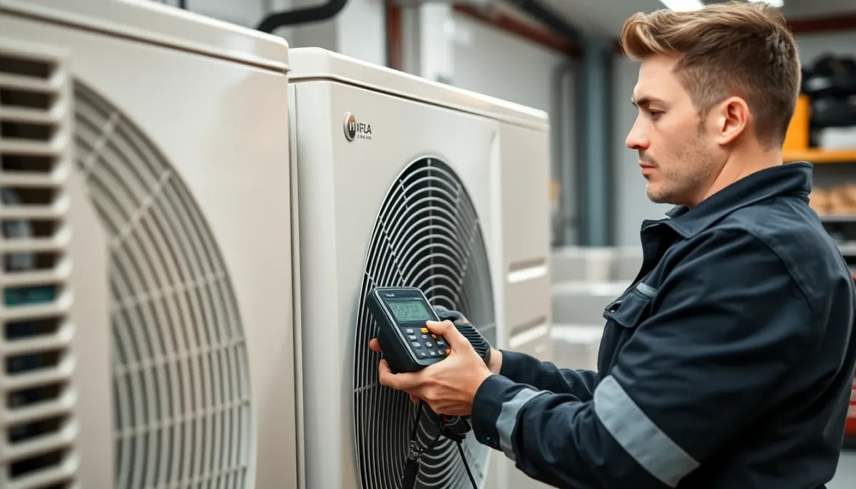 Technicien effectuant maintenance et contrôle technique sur pompe à chaleur