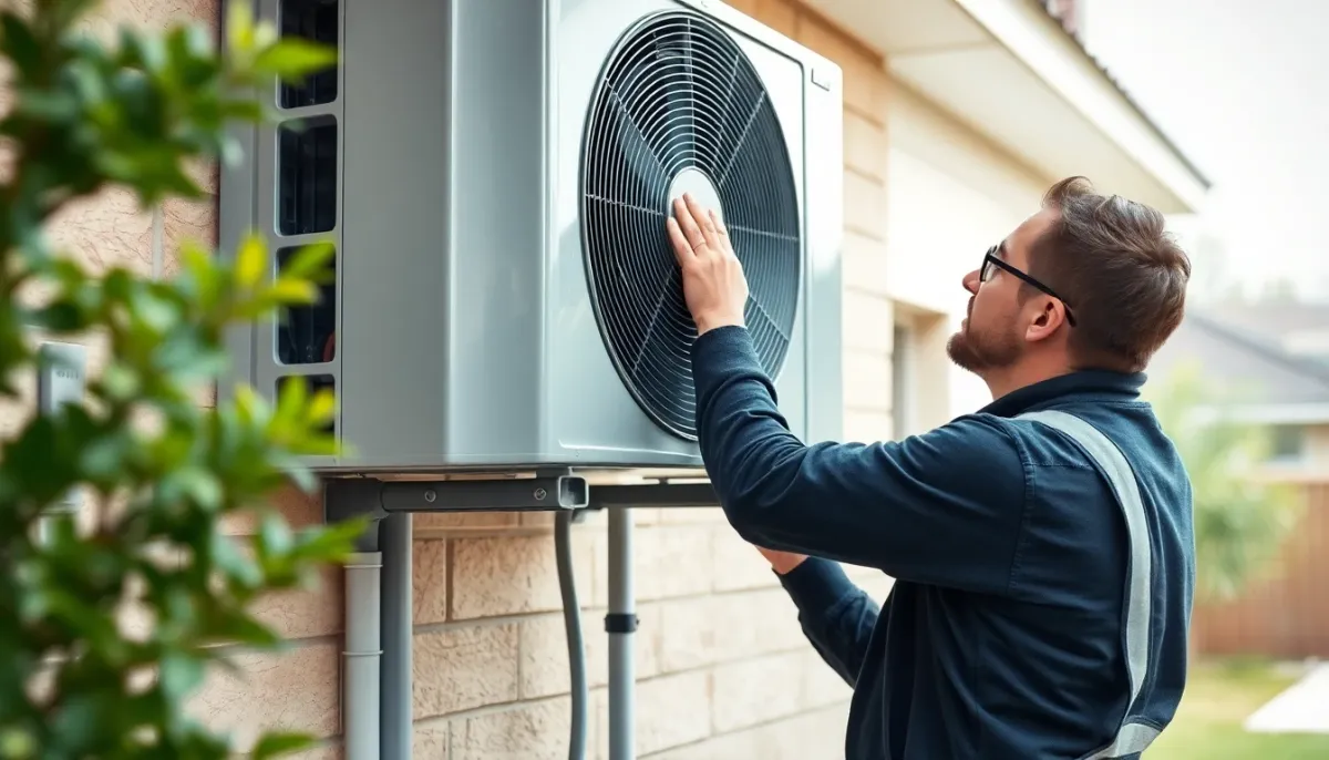 Technicien installateur en train de positionner et connecter une pompe à chaleur lors de l'installation