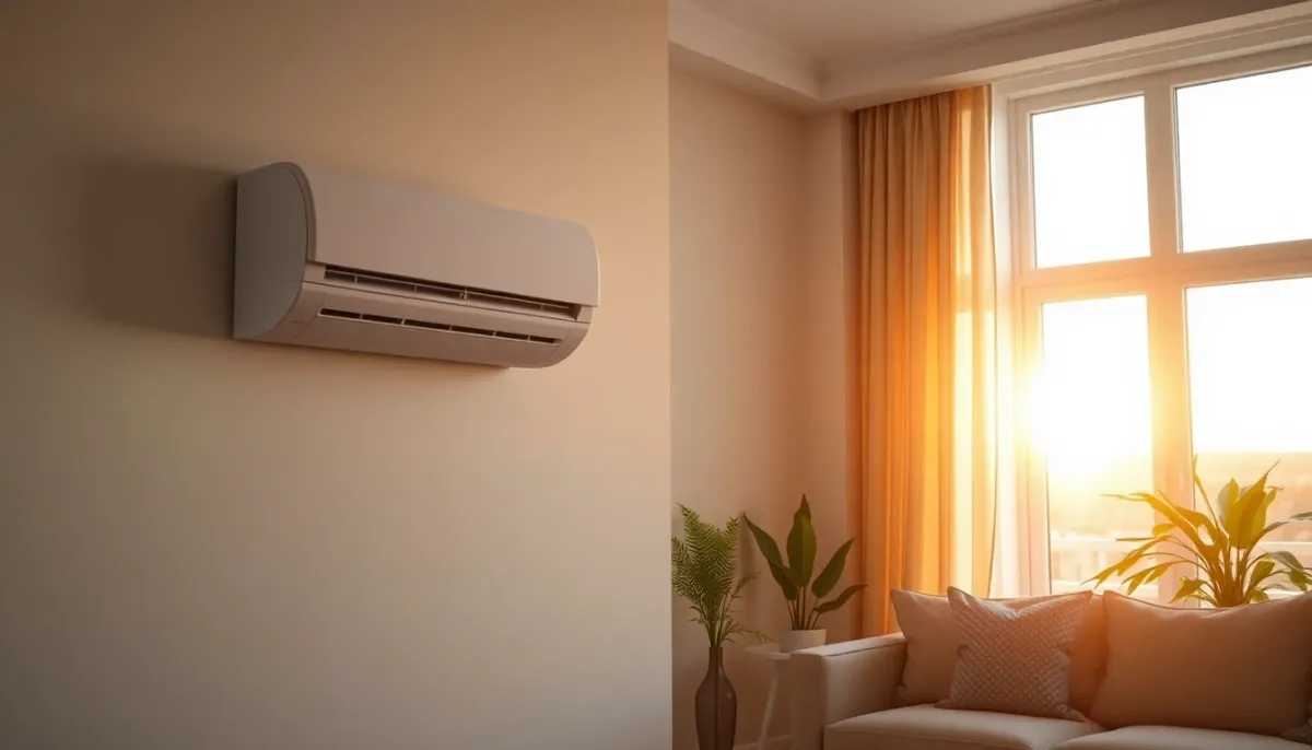 Unité intérieure de pompe à chaleur intégrée discrètement dans un salon moderne et lumineux