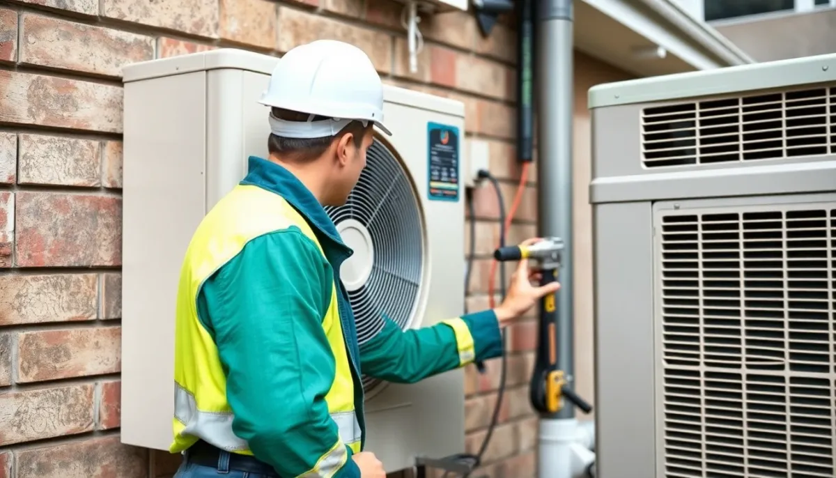 Installateur RGE professionnel effectuant les travaux de mise en service d'une pompe à chaleur