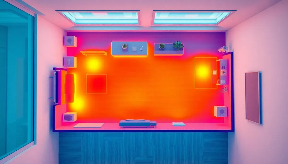Visualisation d'une cartographie thermique d'un petit logement montrant les zones de chauffage efficace d'une pompe à chaleur