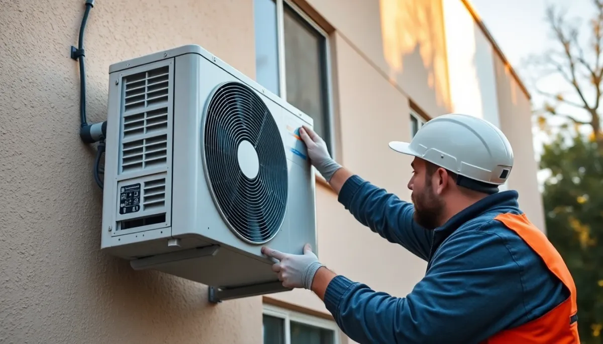 Installation professionnelle d'une unité extérieure de pompe à chaleur sur la façade d'un immeuble urbain