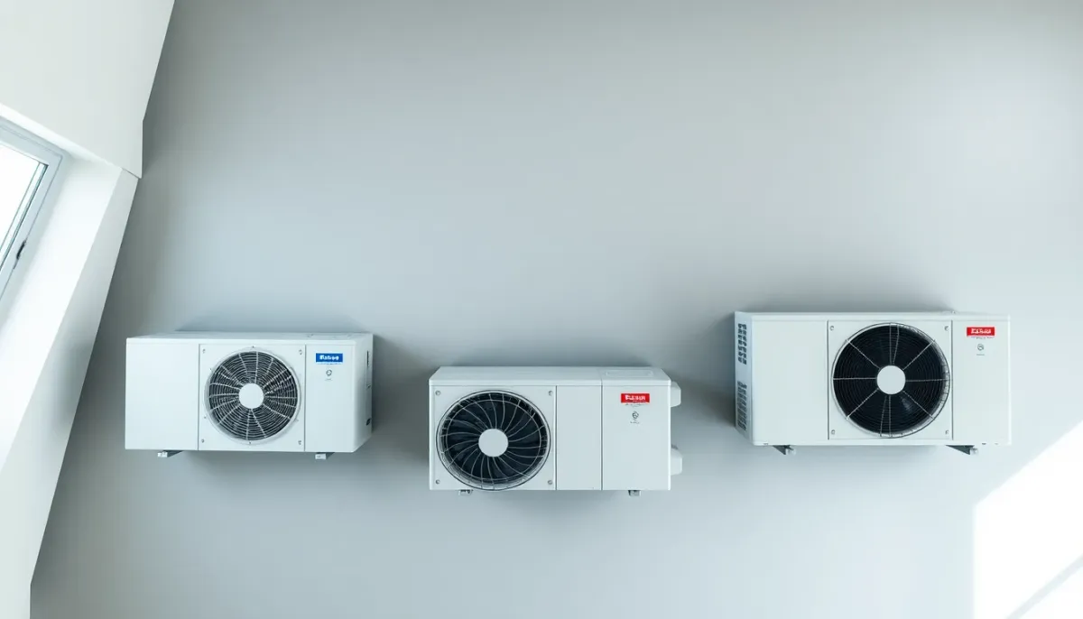 Comparaison visuelle de trois pompes à chaleur air-eau de marques différentes montrant les variations de taille et design