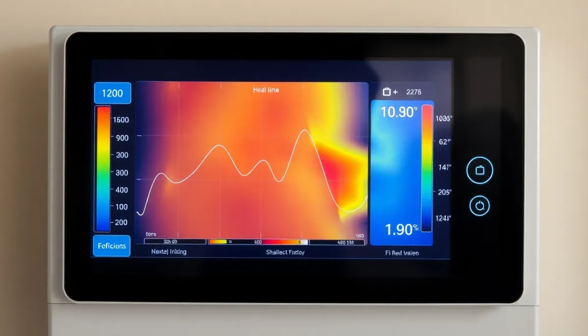 Écran de monitoring d'une pompe à chaleur affichant les données de rendement énergétique et les températures en temps réel
