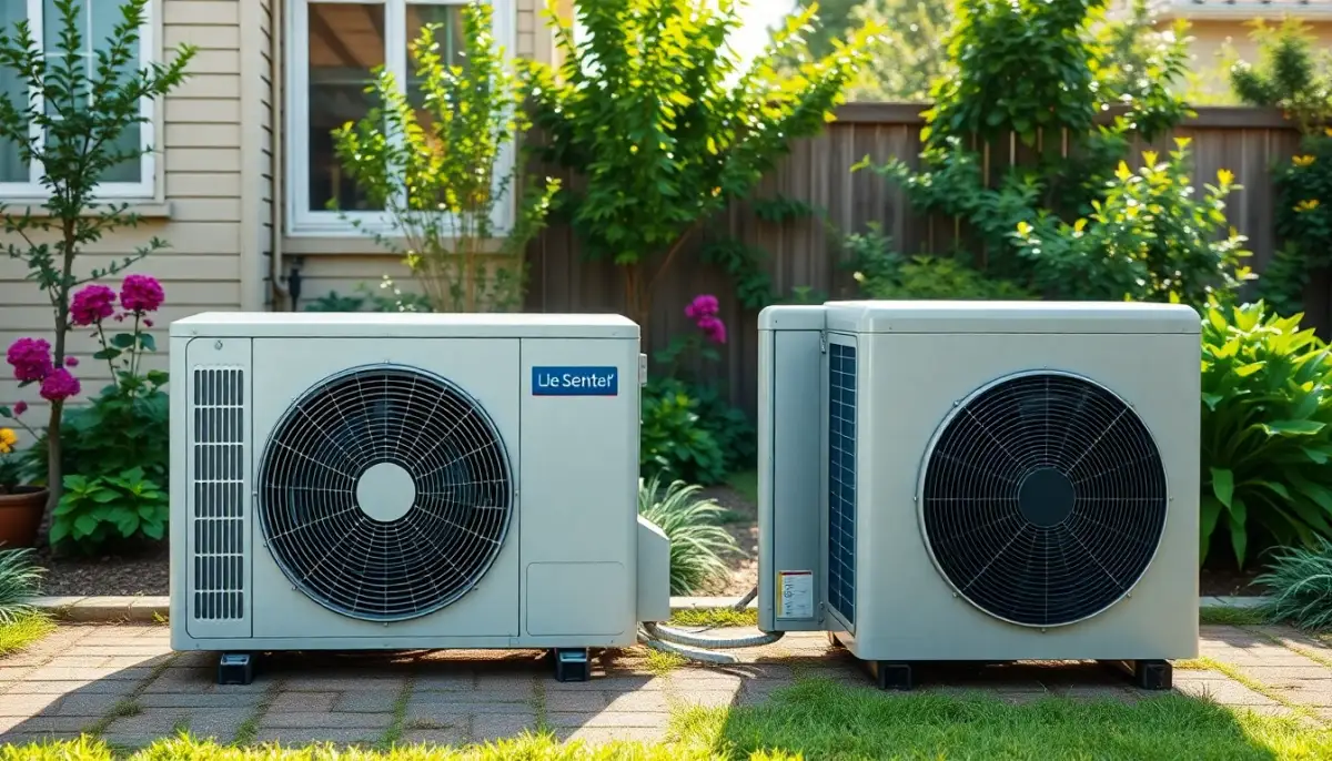 Comparaison visuelle de deux modèles de pompes à chaleur Panasonic Aquarea côte à côte installées en extérieur