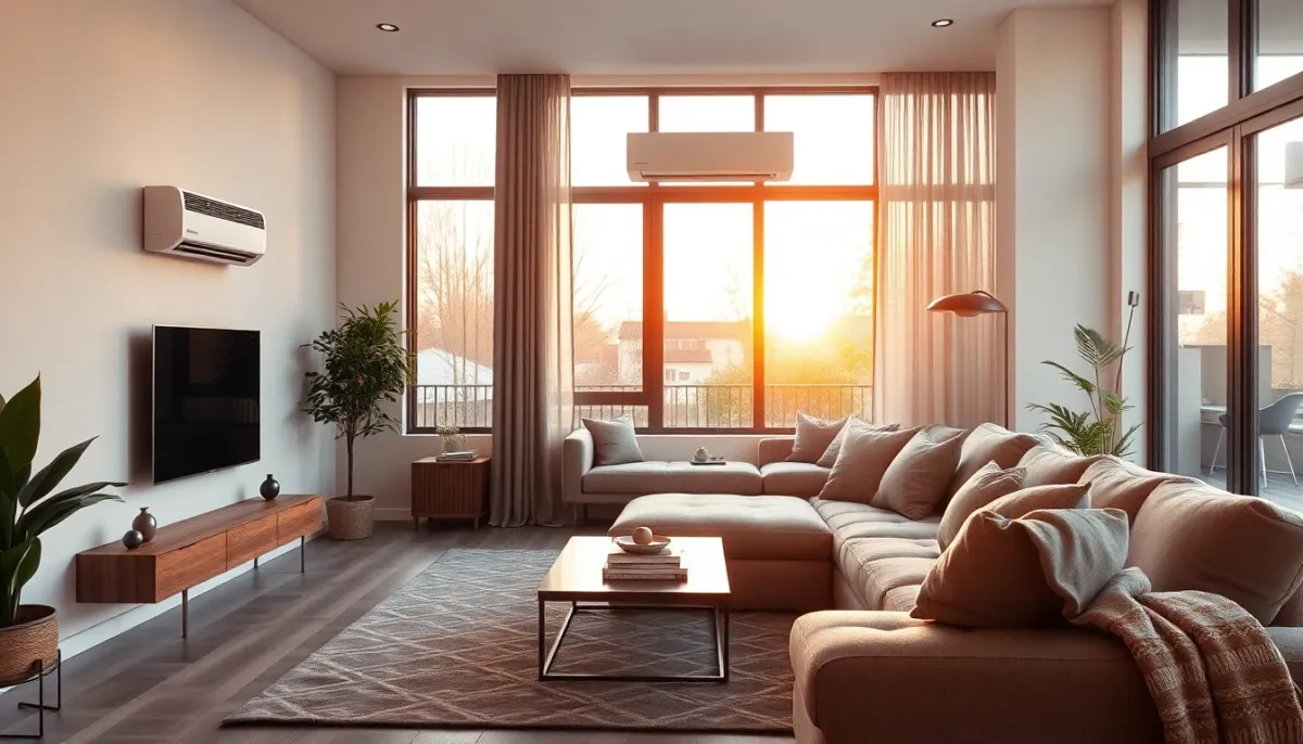 Intérieur d'une maison moderne montrant l'unité intérieure d'une pompe à chaleur intégrée discrètement dans le décor