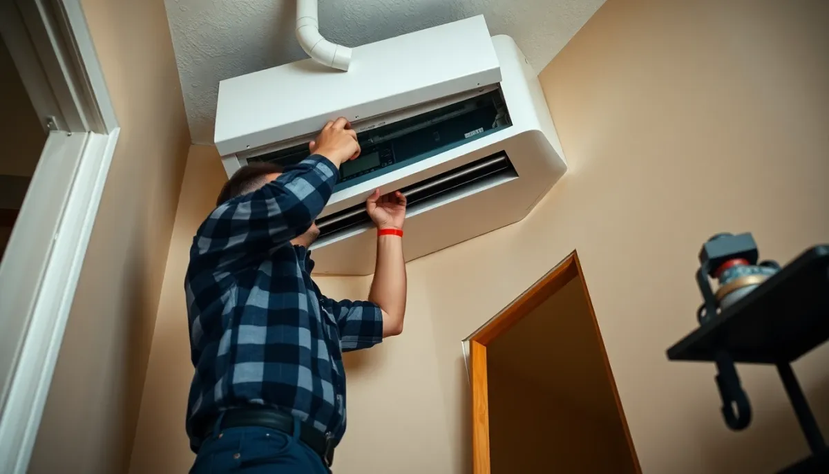Installation d'une pompe à chaleur par un professionnel dans un intérieur résidentiel montrant les travaux en cours