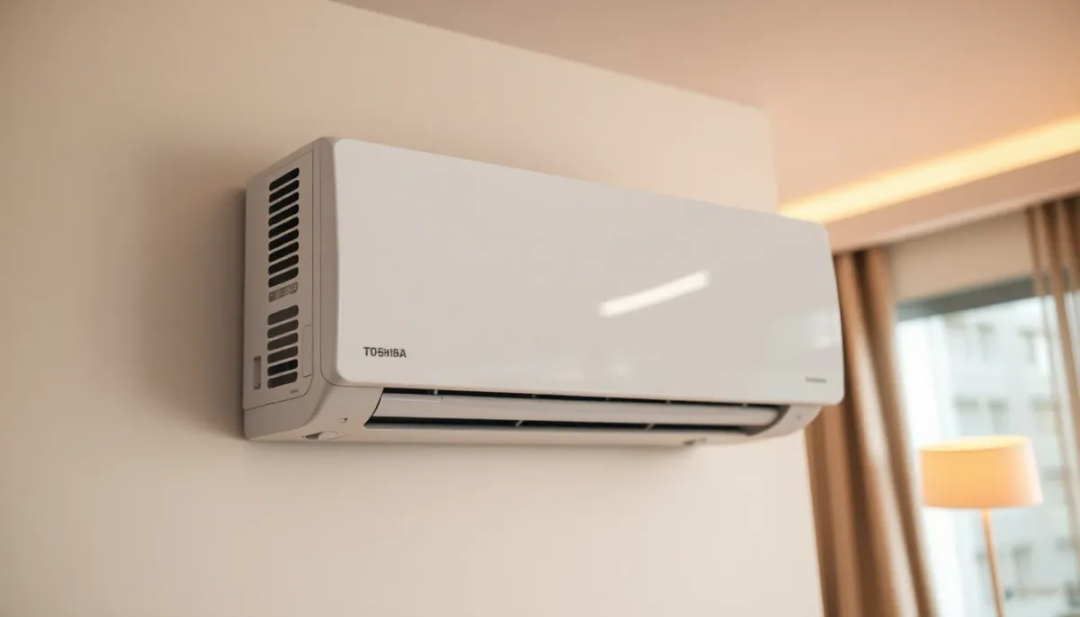 Unité intérieure de pompe à chaleur air-air Toshiba montée au mur d'un salon moderne