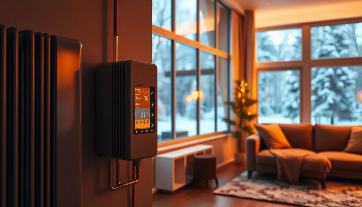 Intérieur résidentiel confortable chauffé par pompe à chaleur durant l'hiver avec vue sur paysage enneigé