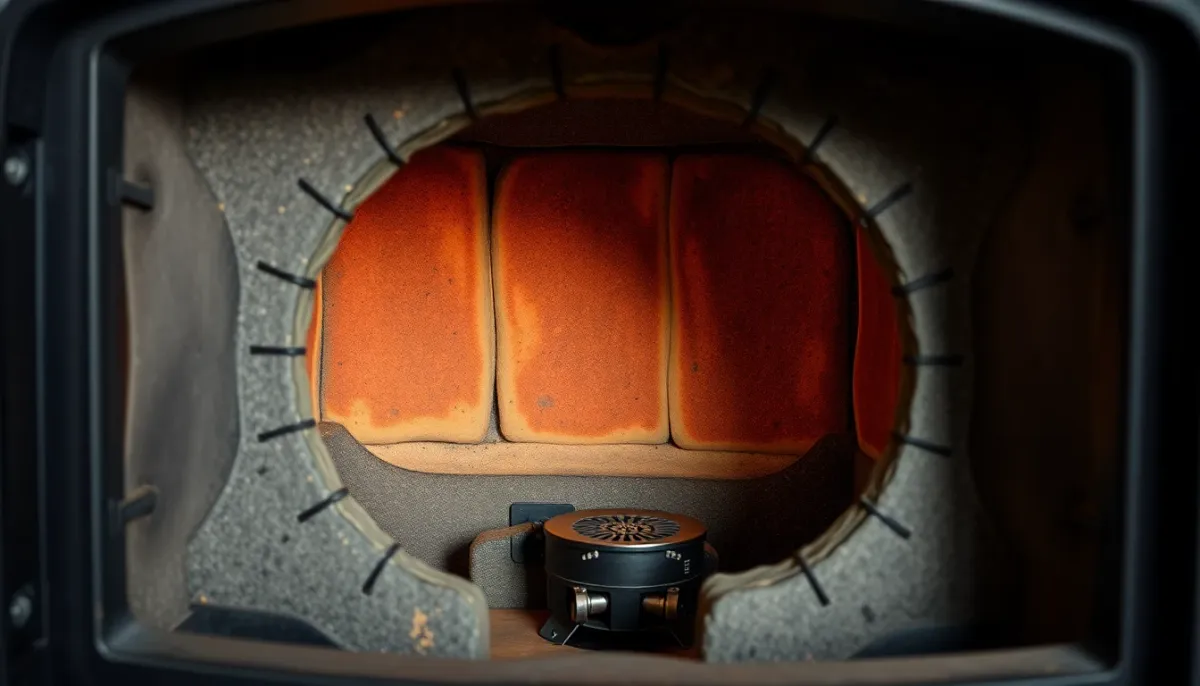Détail technique d'une chambre de combustion d'un poêle De Dietrich