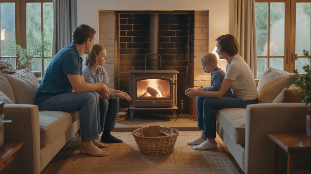 Famille profitant du chauffage confortable d'un poêle à bois à domicile