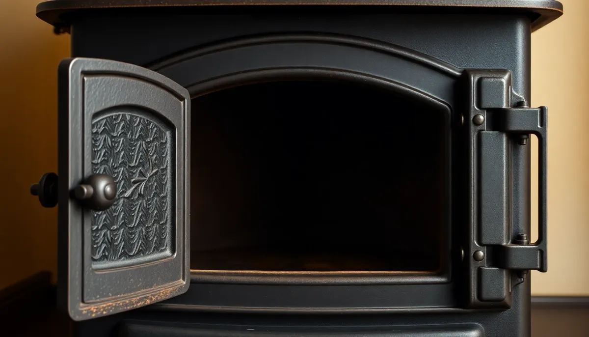 Détails de la porte et de la chambre de combustion d'un poêle à bois en fonte, gros plan sur la finition artisanale