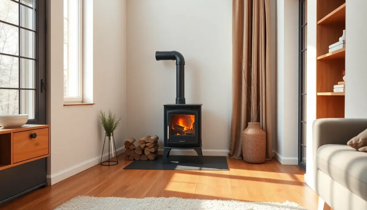 Poêle à bois compact installé dans un petit salon moderne avec éclairage naturel, montrant l'intégration dans l'espace