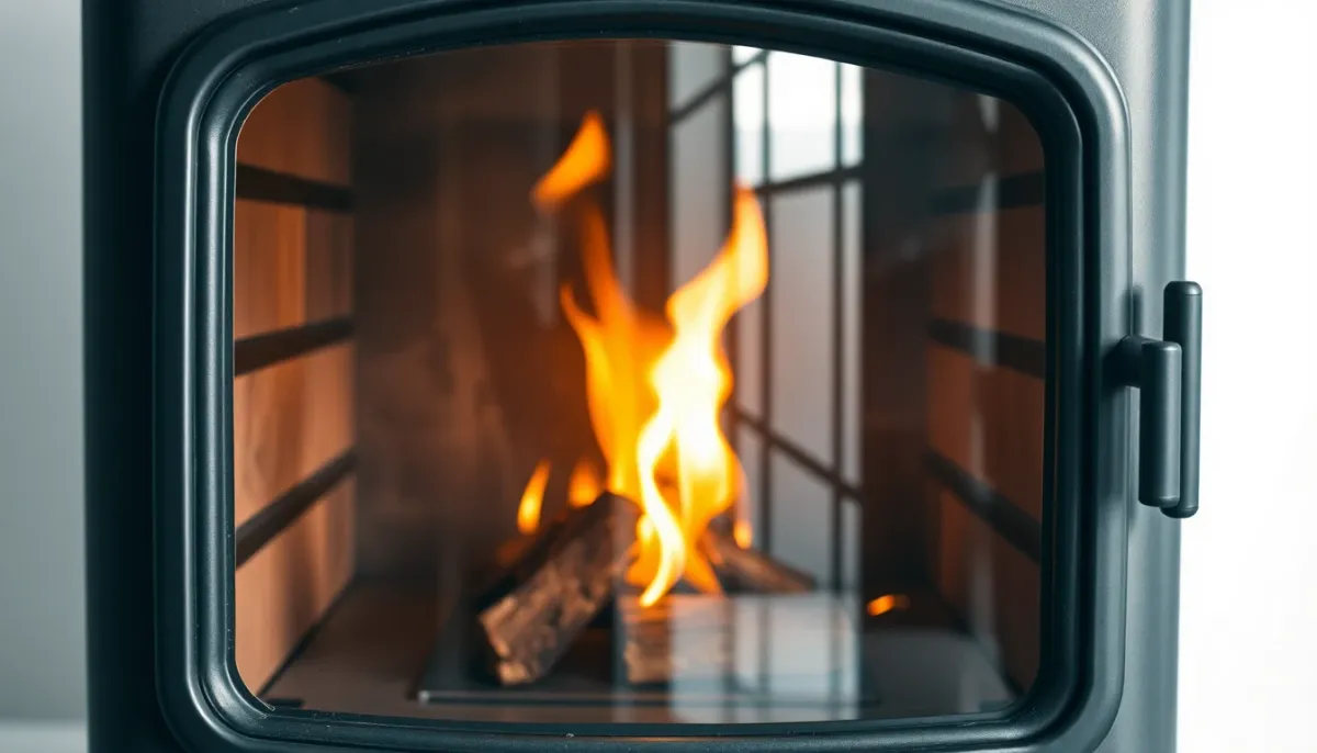 Détail du foyer et de la vitre d'un poêle à bois avec combustion visible