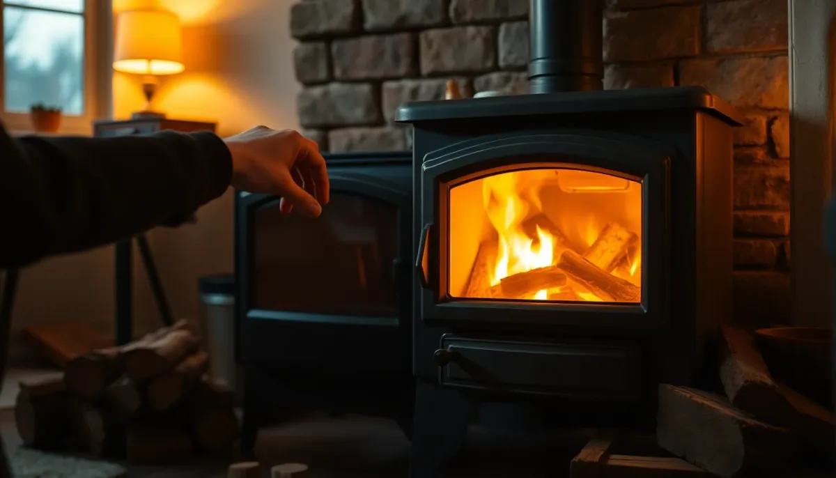 Ambiance hivernale avec un poêle à bois en fonctionnement et bois de chauffage
