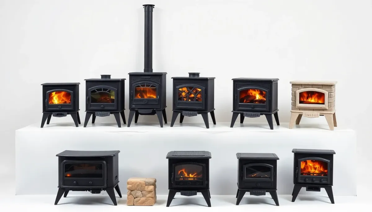 Comparaison visuelle de six modèles de poêles à bois Nordica avec différentes finitions