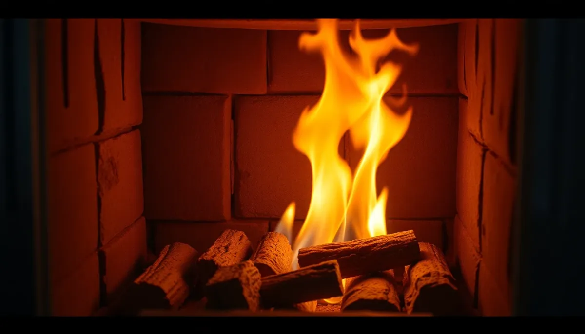 Détail du foyer réfractaire avec système de post-combustion en action