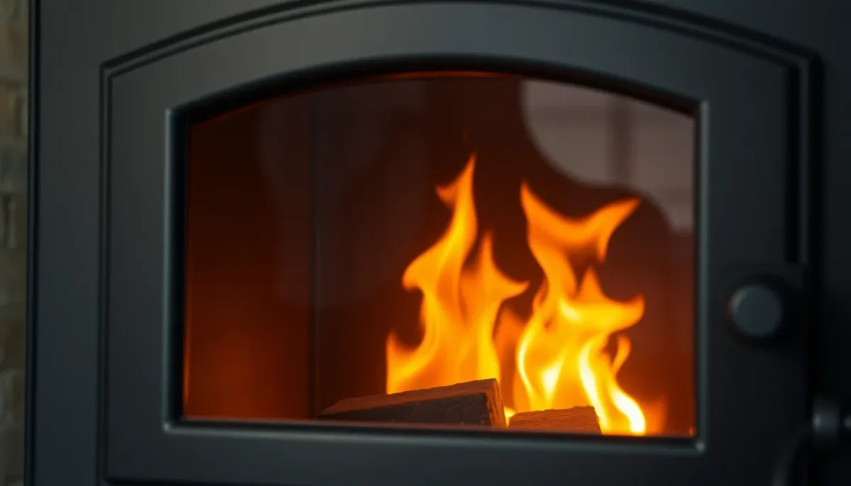 Intérieur du foyer d'un poêle à bois en fonctionnement avec flammes visibles
