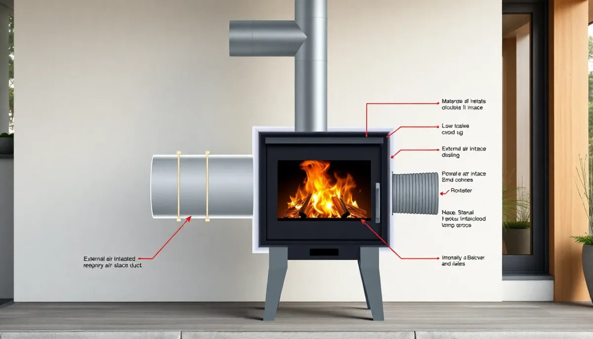 Installation technique d'un poêle avec conduit d'air extérieur pour conformité RT2020