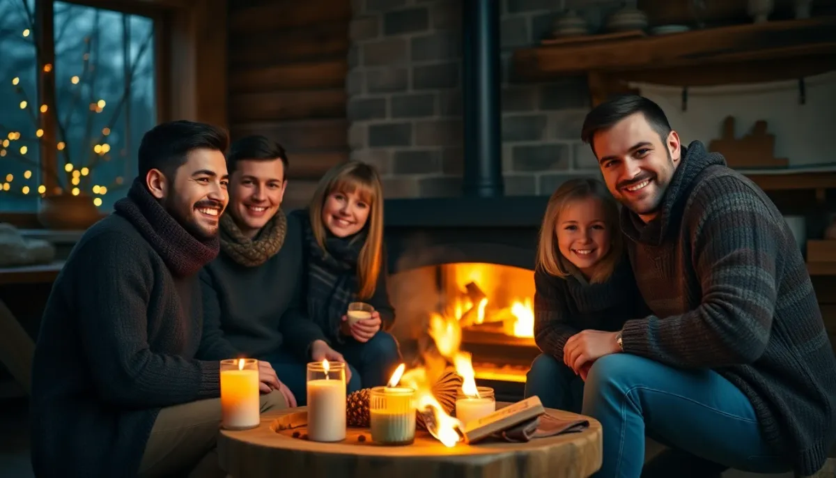 Famille profitant de la chaleur d'un poêle à bois dans un cadre confortable