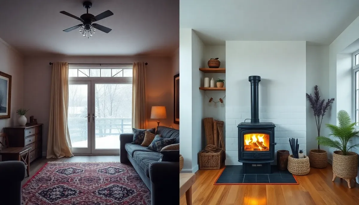 Comparaison avant-après d'un espace avec et sans poêle à bois