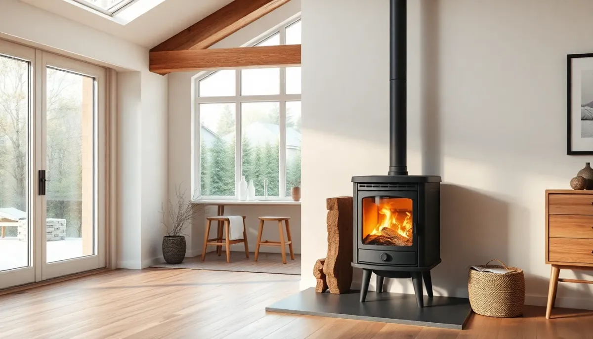 Poêle à bois intégré dans une maison au design scandinave contemporain