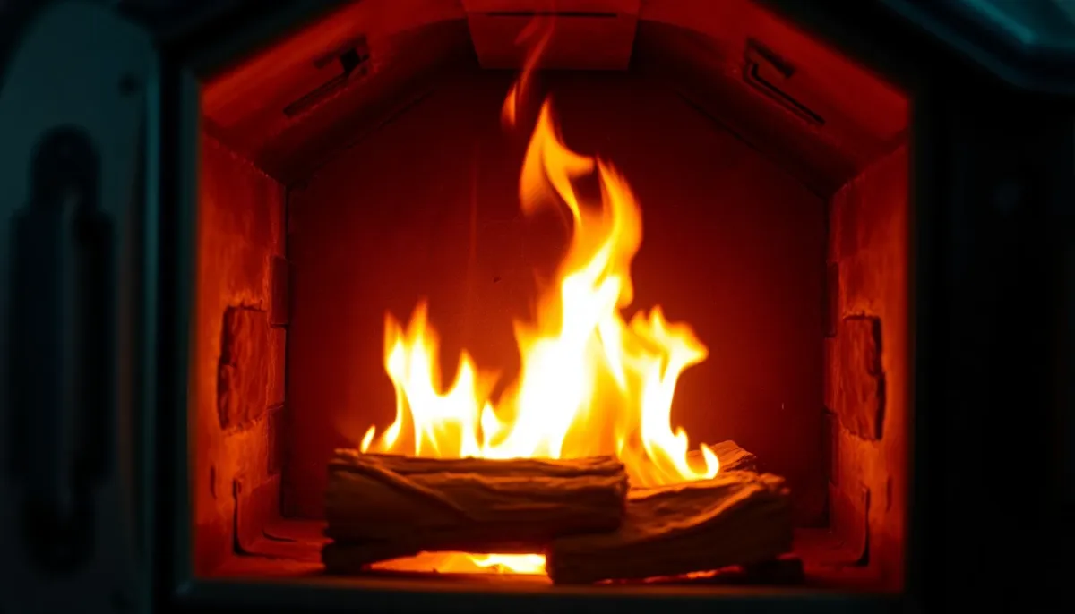 Vue interne d'une chambre de combustion avec flammes montrant le rendement énergétique