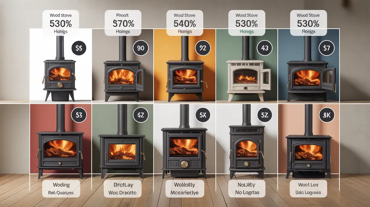 Comparaison visuelle entre plusieurs marques de poêles à bois avec critères de qualité