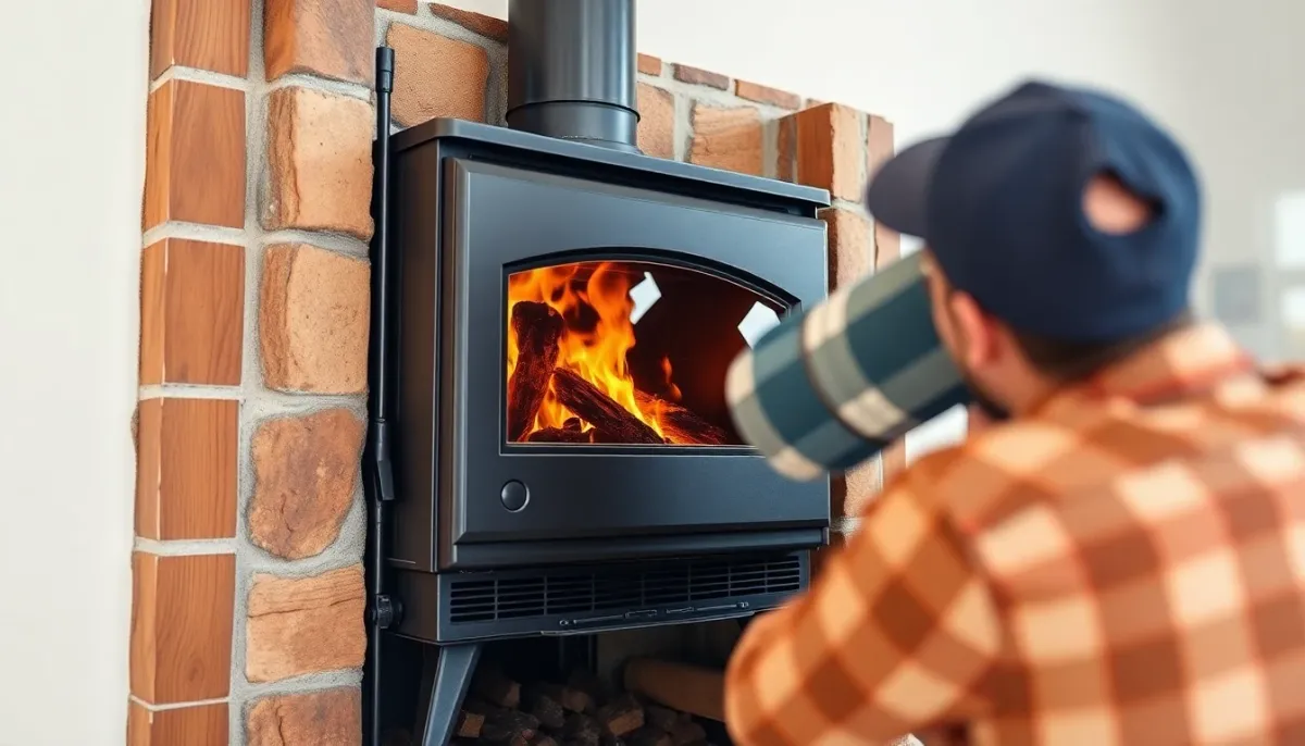 Installation professionnelle d'un poêle à bois montrant l'intégration avec le conduit