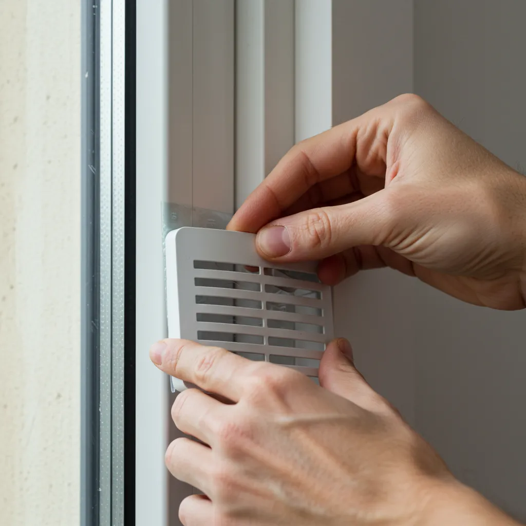 Installation d'une grille auto-adhésive sur cadre de fenêtre PVC