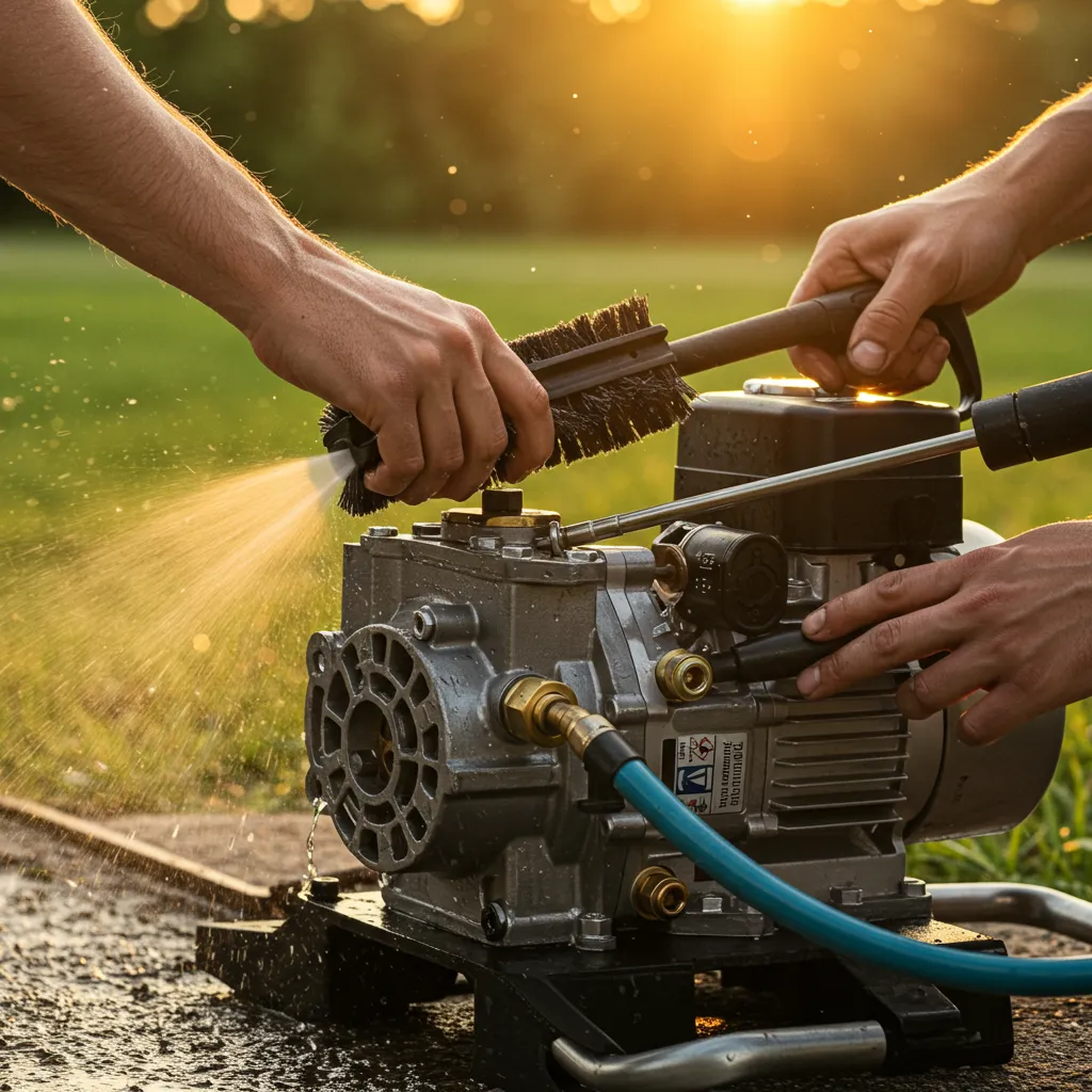 Entretien préventif d'une pompe de nettoyeur haute pression avec brosse et eau