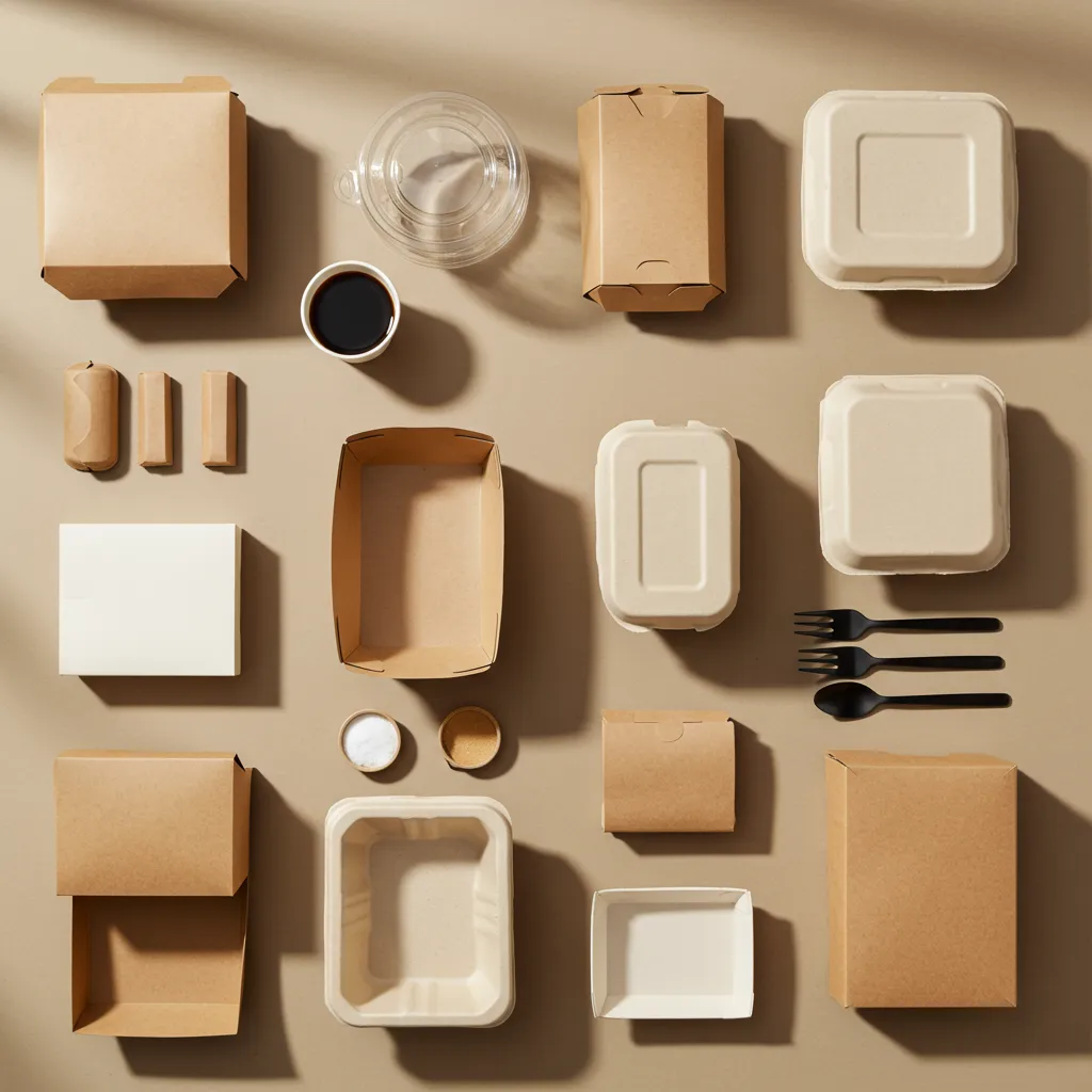 Vue de dessus de différents types d'emballages alimentaires et barquettes en carton