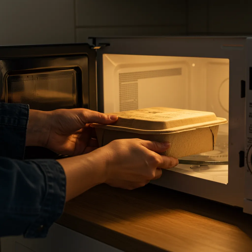 Mains retirant une barquette chaude d'un micro-ondes, vue de côté en éclairage naturel