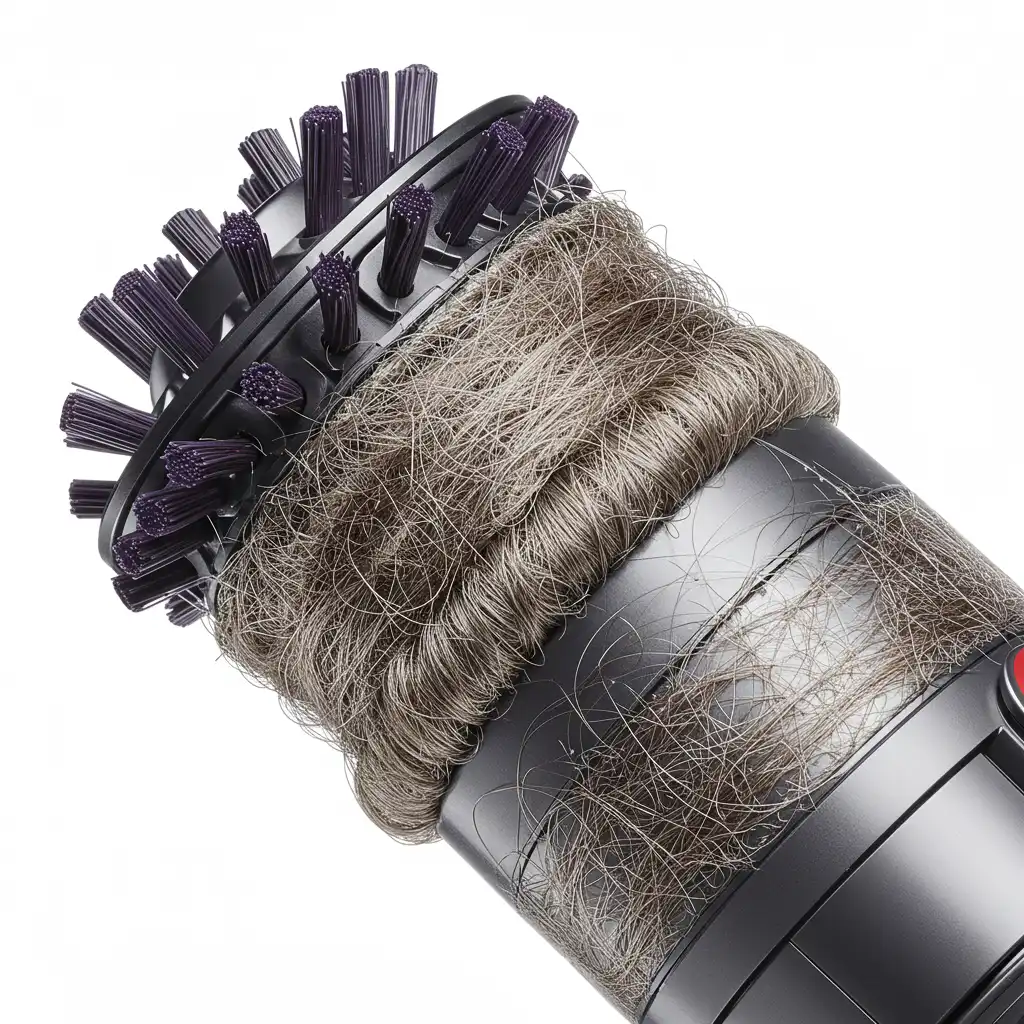 Gros plan d'une brosse Dyson bloquée avec cheveux et fibres enroulés autour de l'axe de rotation