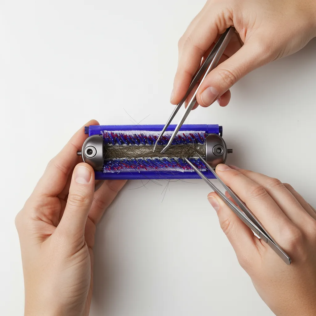 Mains utilisant une pince à épiler pour retirer les cheveux sous les capuchons latéraux d'une brosse Dyson