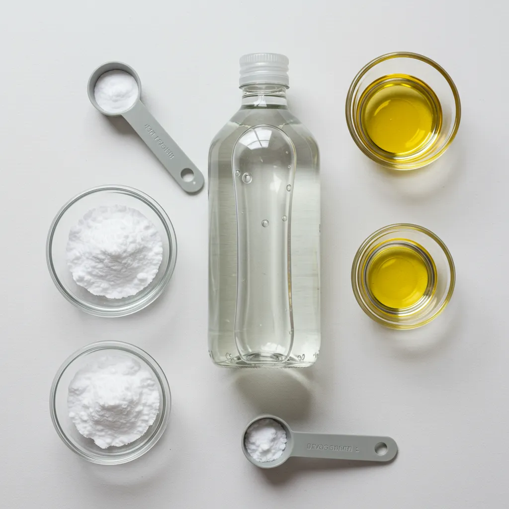 Ingrédients naturels pour le nettoyage : bicarbonate de soude, vinaigre blanc et huile végétale