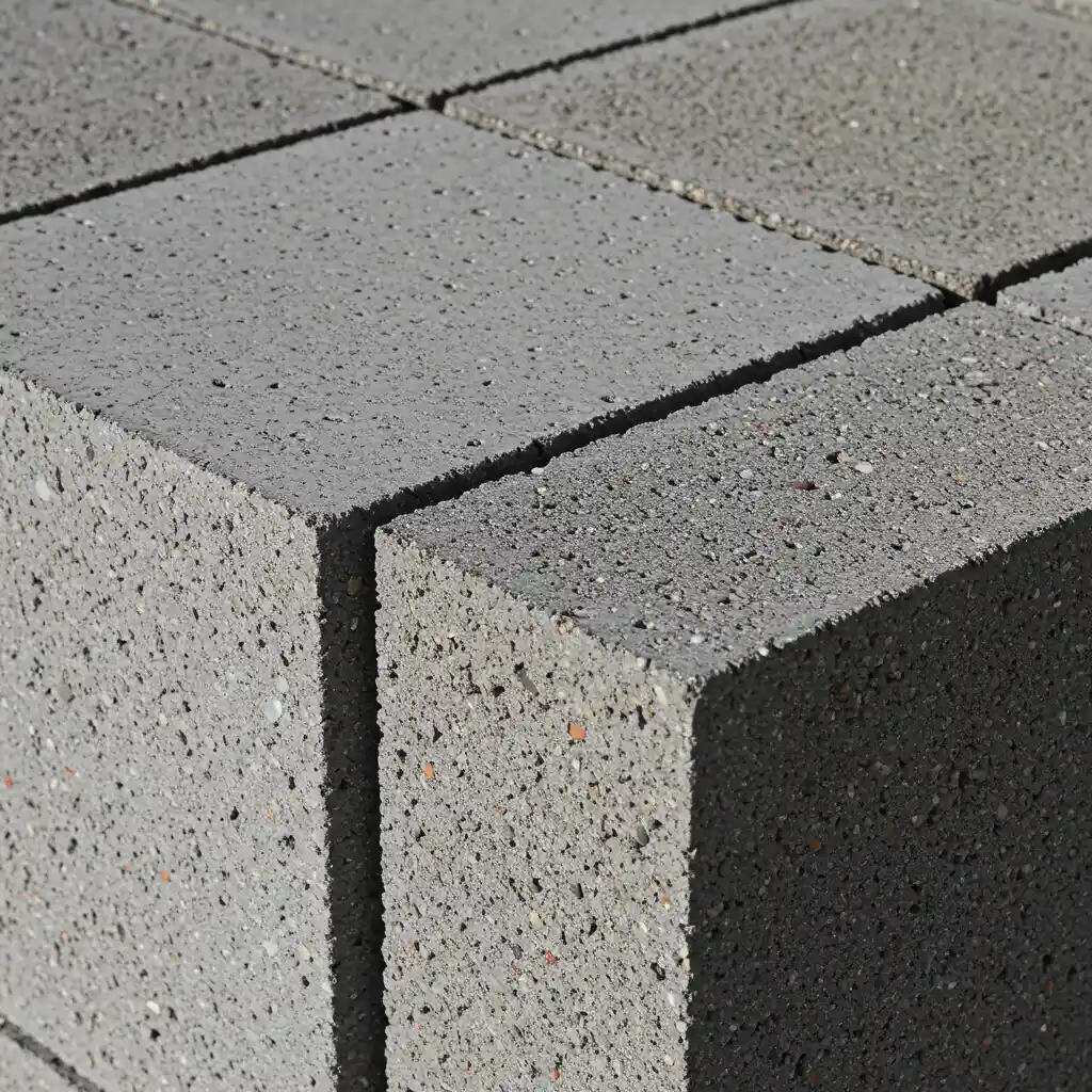 Détail rapproché des blocs modulaires Terrasto montrant la texture du béton pleine masse et les granulats naturels intégrés