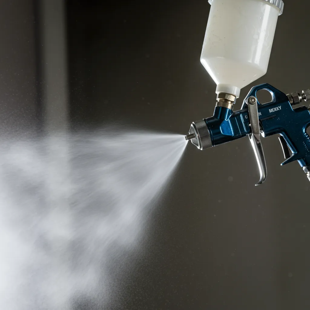 Gros plan d'un pistolet airless en action pulvérisant de la peinture avec un jet fin et homogène