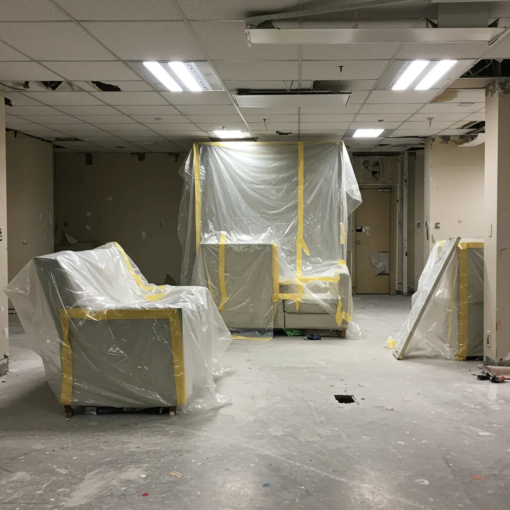 Chantier de peinture avec protection renforcée montrant le bâchage et le masquage nécessaires avant pulvérisation airless