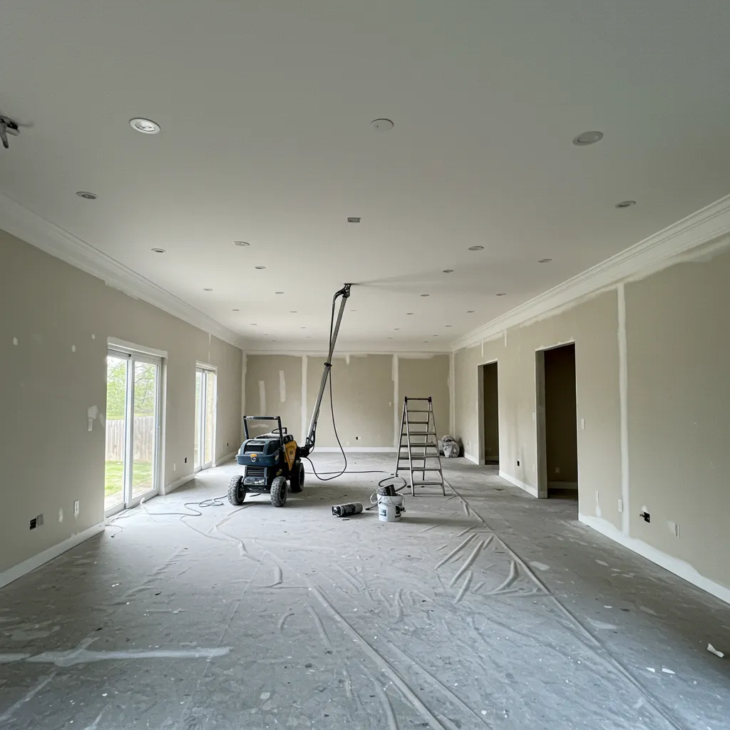 Intérieur résidentiel spacieux montrant un chantier de peinture de grande envergure adapté à la technologie airless