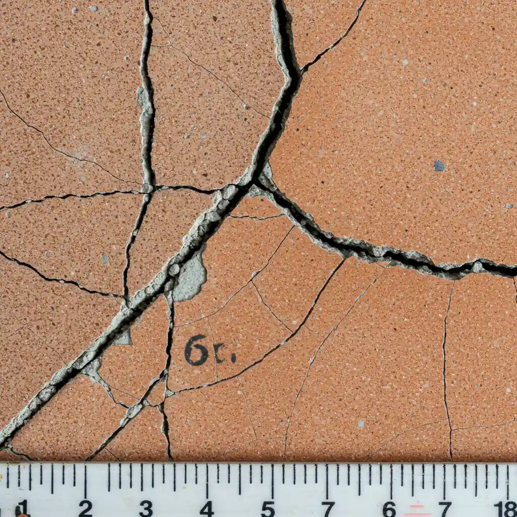 Gros plan comparatif de trois types de fissures de carrelage de largeurs différentes avec échelle de mesure