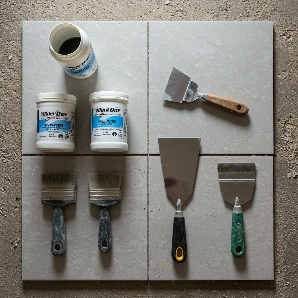 Matériaux et outils de réparation de carrelage disposés pour une réparation temporaire