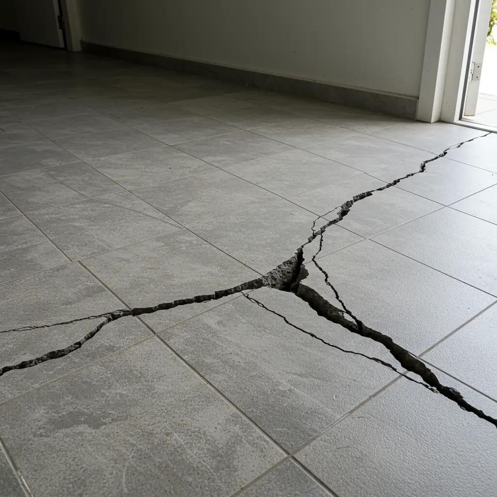 Fissure structurelle grave traversant plusieurs carreaux de carrelage dans un contexte de bâtiment