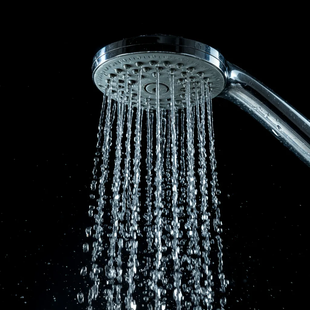 Gros plan détaillé du débit d'eau d'un pommeau de douche standard avec gouttes d'eau visibles