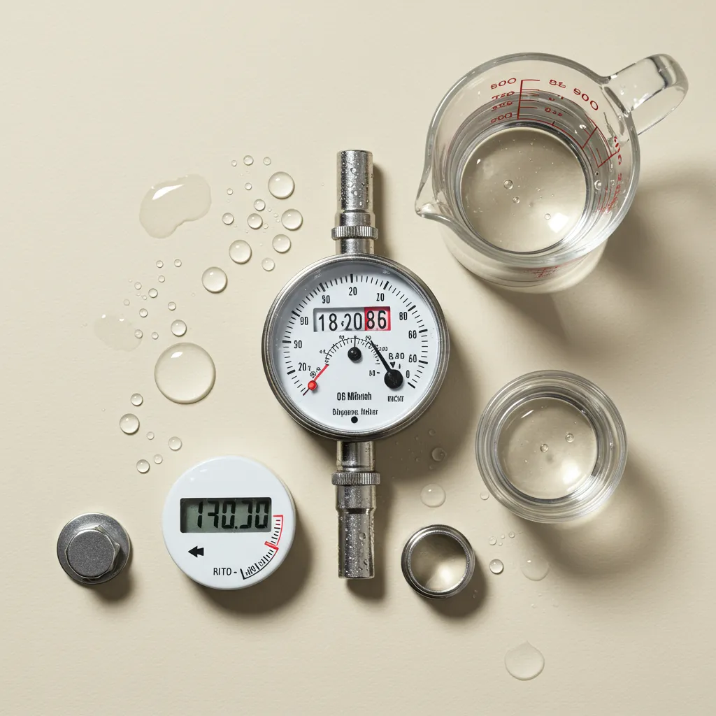 Composition photographique montrant les éléments de mesure de consommation d'eau avec compteur et minuteur